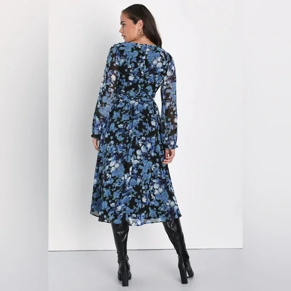 Lulu’s Impressive Charm Black Multi Floral Print Long Sleeve Midi Dress - Picture 5 of 9
